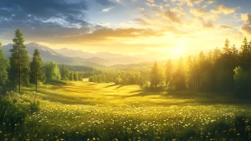 Sunlit alpine meadow glows beneath dramatic morning sky.
