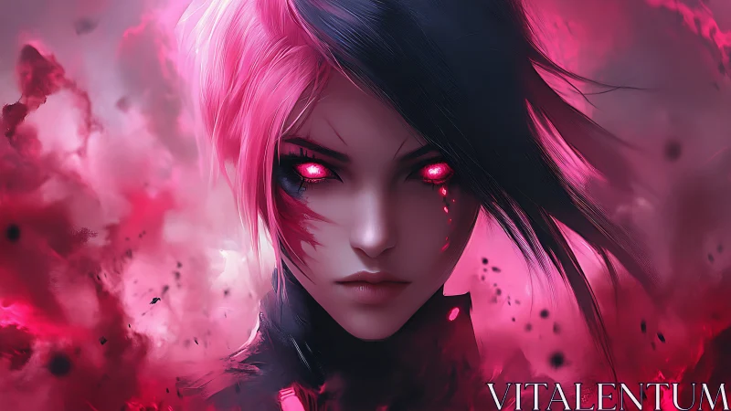 Female figure with glowing red eyes in pink mist field.