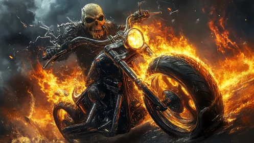 Flaming skeletal rider drives high-contrast chopper through firestorm