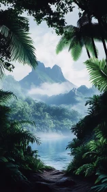 Digital painting of misted tropical lake and volcanic massif.
