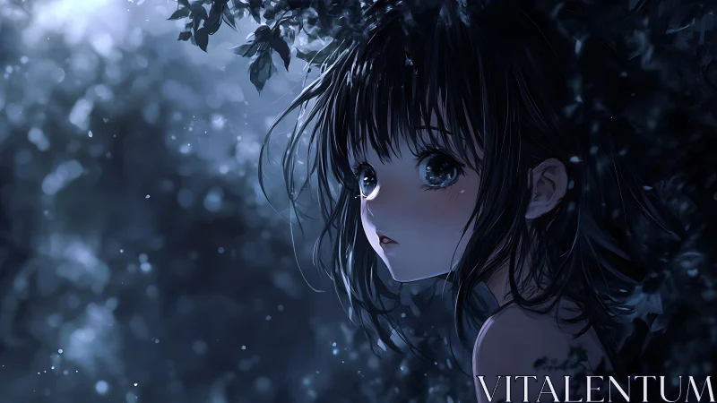 Nocturnal anime portrait in blue bokeh forest lighting study