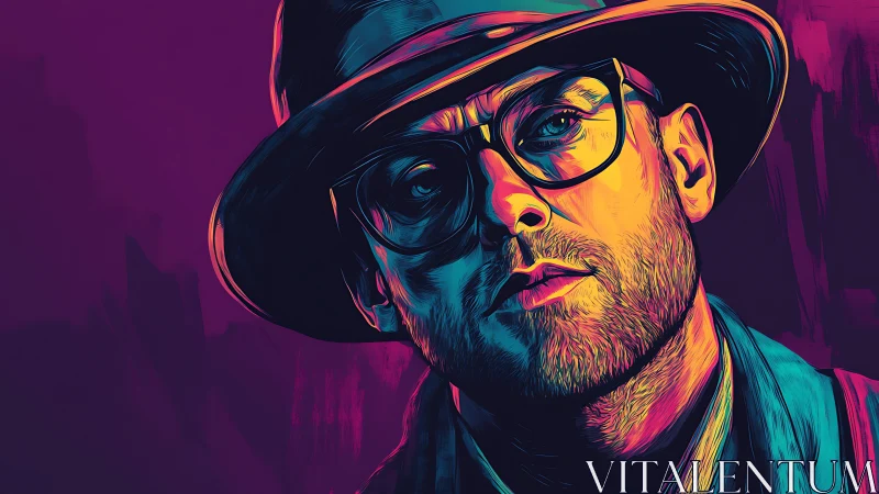 Man in hat and glasses rendered in vivid neon portrait