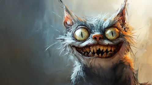 Grinning goblin cat with lantern eyes and wicked sparkle.