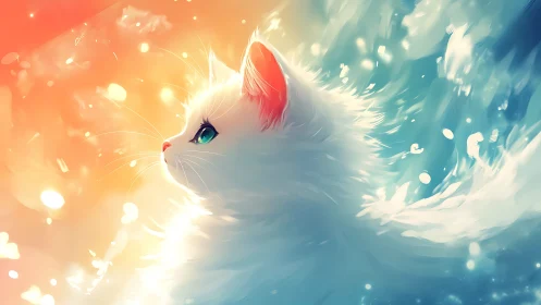 White Cat with Pink Ears Against Warm-to-Cool Gradient Background