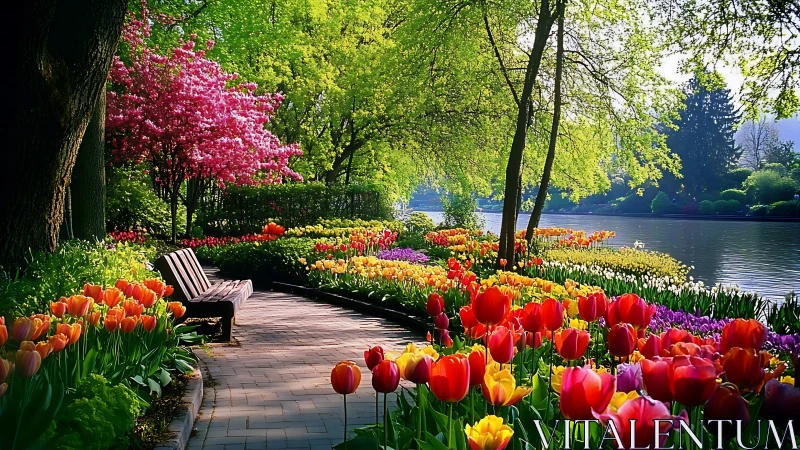 Sunny riverside tulip path inviting quiet spring daydreams.