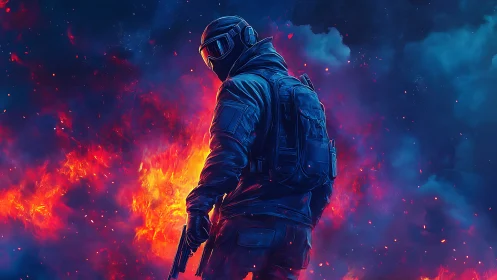 Armored soldier surveys burning battlefield in neon fire.