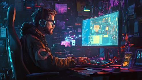Late-night coder explores a vibrant neon-lit digital world