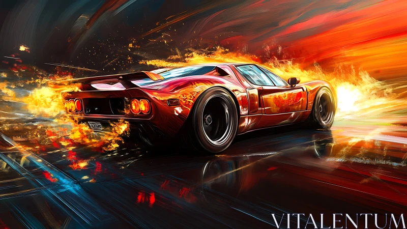Flaming red supercar tears through blazing neon highway