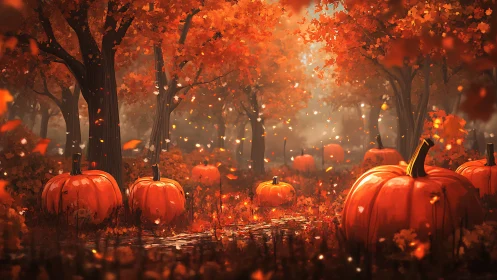 Autumn forest path with pumpkins under falling leaves.