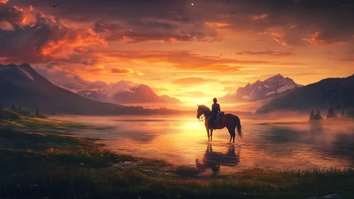 Rider and horse greeting a glowing mountain lake sunrise.