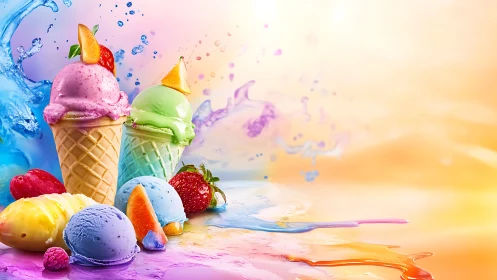 Vibrant fruit ice cream cones splash with neon color gradients.