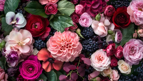 Layered Floral Composition: Dahlias, Roses, and Berries in Warm Pink-Magenta Palette