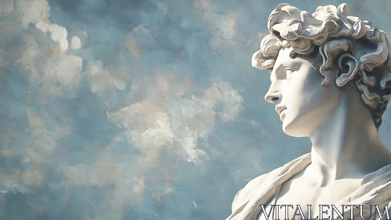 Marble classical bust against soft painted sky backdrop.