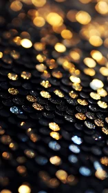 Gold sequins on dark fabric surface captured in macro focus