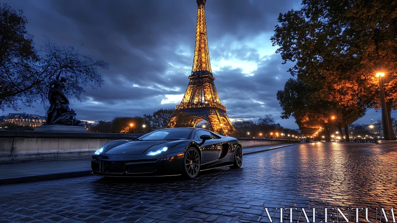 Midnight supercar on wet Parisian cobblestone boulevard.