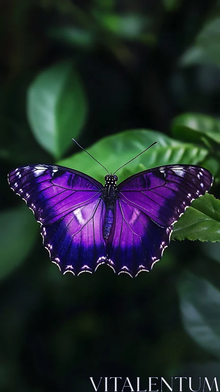 Vibrant purple butterfly resting softly in lush green calm.