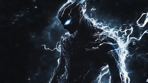 Electric phantom silhouette in crackling blue energy storm.