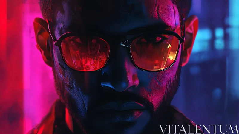 Neon-drenched gaze of a cyber nightwalker in burning chrome.