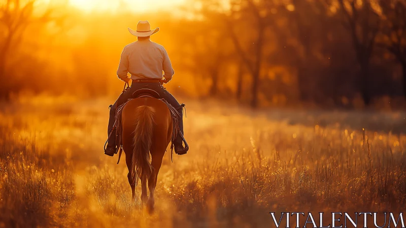 Rear-view cowboy on horseback in golden hour prairie light