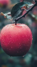 Macro close-up isolates dewy red apple with shallow depth