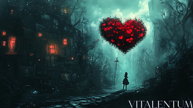 Solitary Figure Confronting Luminescent Heart in Dystopian Urban Landscape