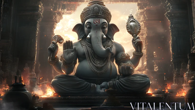 Majestic Ganesha idol in ornate temple with cinematic backlight