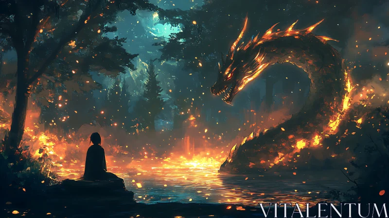 Silent lake negotiates with a coiled dragon of living embers