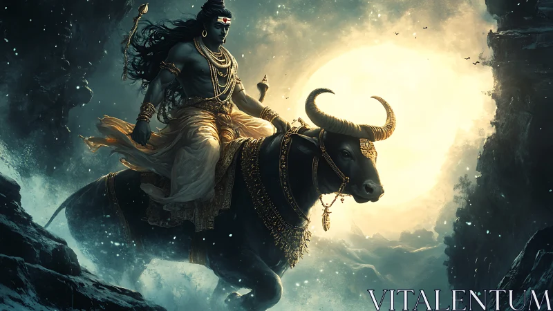 Moonlit mountain journey with a serene divine rider.