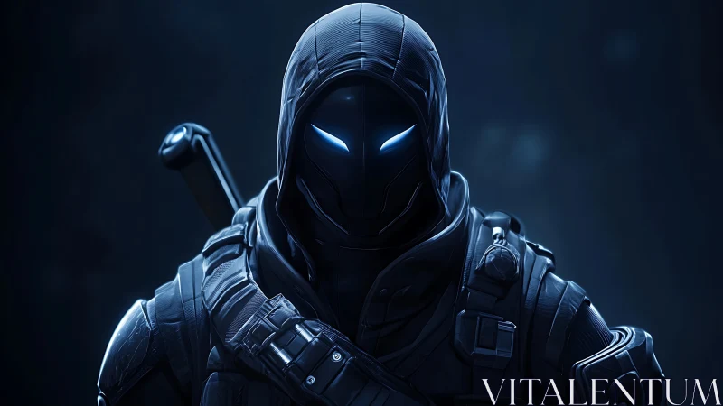 Cybernetic hooded assassin with glowing visor eyes portrait.
