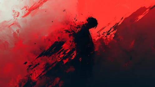 Silhouetted figure dissolving into red abstract motion field