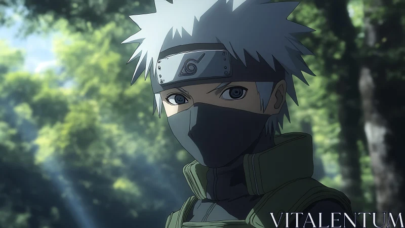 Masked silver-haired ninja stands alert in a sunlit forest.