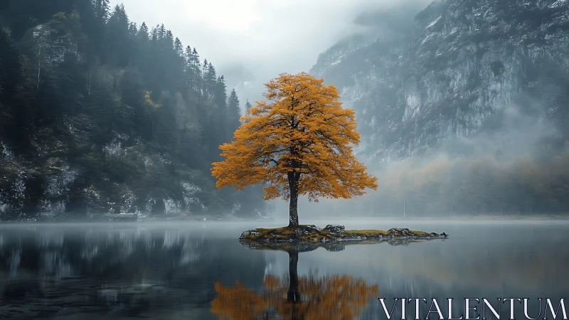 Solitary deciduous tree on misted alpine lake, high dynamic range.