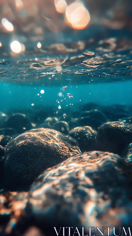 Sunlit underwater stones shimmer beneath rippling surface.
