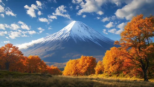 Autumn embers below a snow crowned volcanic giant.