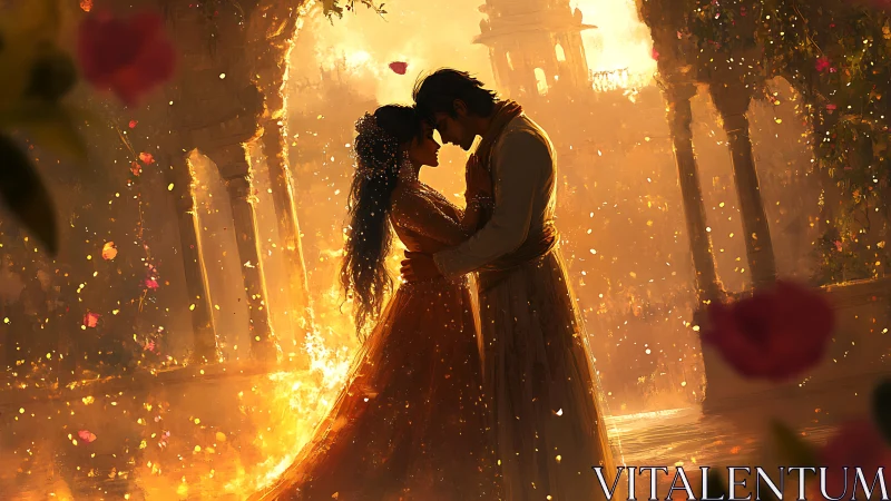 Romantic couple embracing amid golden luminescence and architectural grandeur.