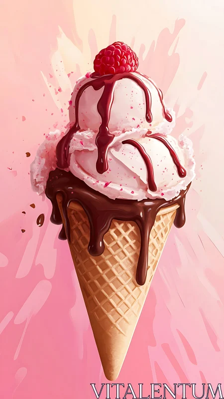 Raspberry crown on chocolate-dripped vanilla daydream cone.