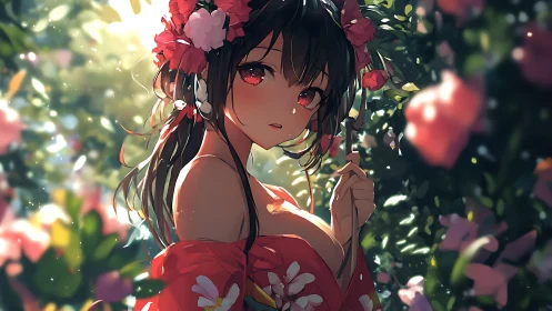 Garden glow girl in red kimono surrounded by drifting petals.
