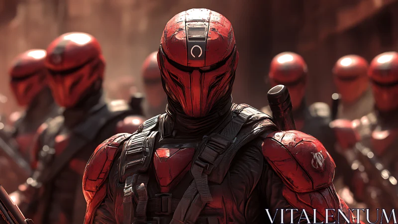 Red armored sci fi soldiers assemble in narrow warzone.
