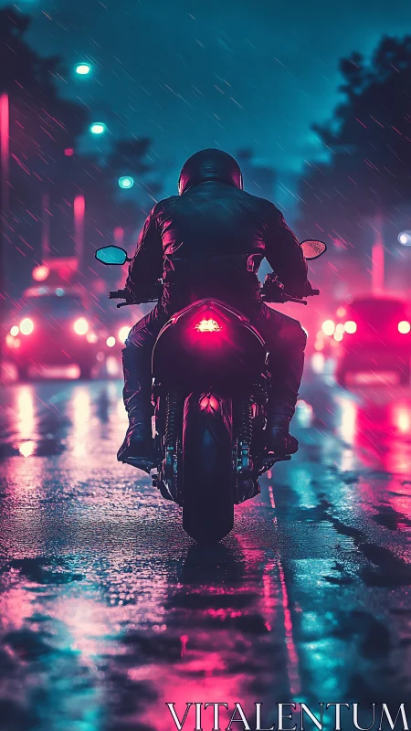 Lone rider in neon rain, slipping through city twilight.