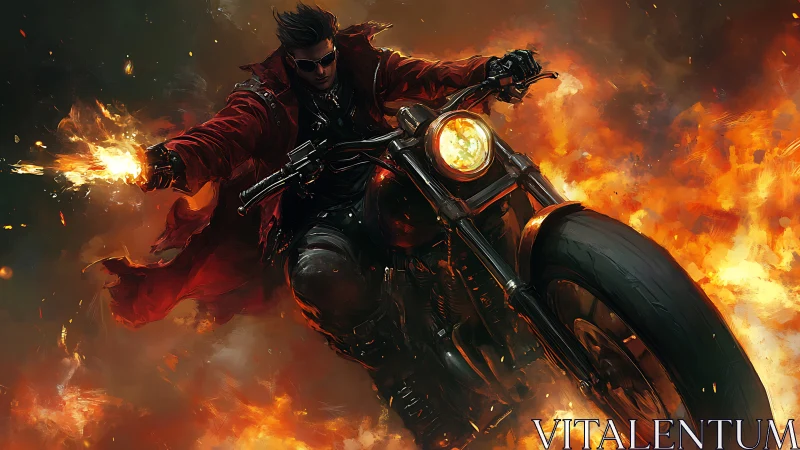 Flame-wreathed rider on cafe racer motorcycle in infernal pursuit