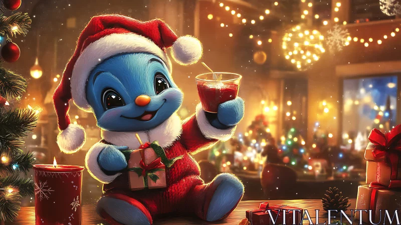 Cheerful blue holiday pal raising a toast by the tree.