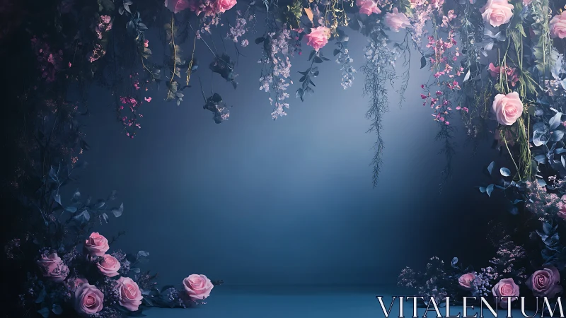 Midnight Garden Theater: Cascading Pink Roses Against Azure Reverie.