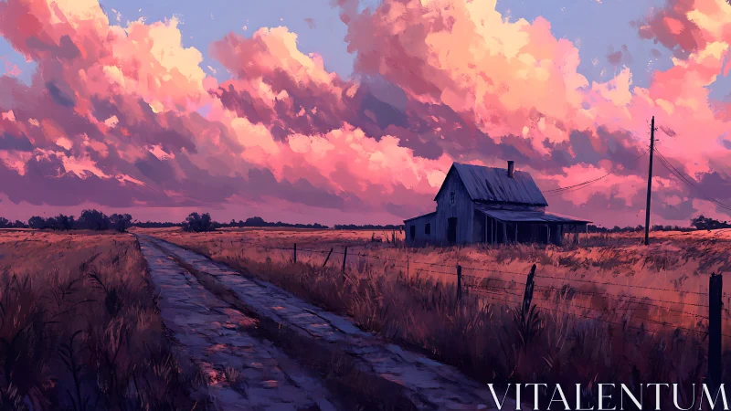 Country road at sunset leading to a quiet, cozy farmhouse.