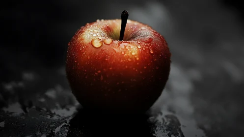 Macro study of water droplets on red apple under low-key lighting