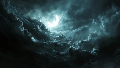 Luminous full moon penetrating storm-tossed cyan clouds.