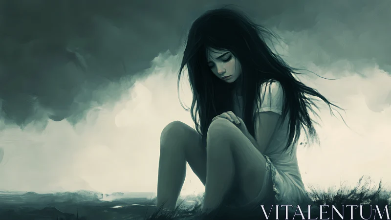 Storm-swept silence curls around the seated, wistful girl