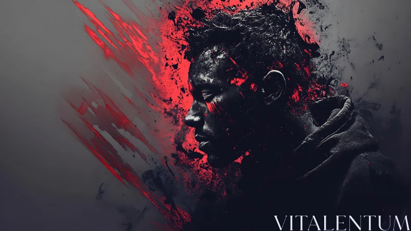 Side profile portrait with dynamic red abstract splashes.