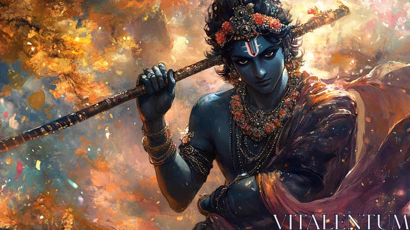 Divine blue warrior stands poised in a swirl of sacred light