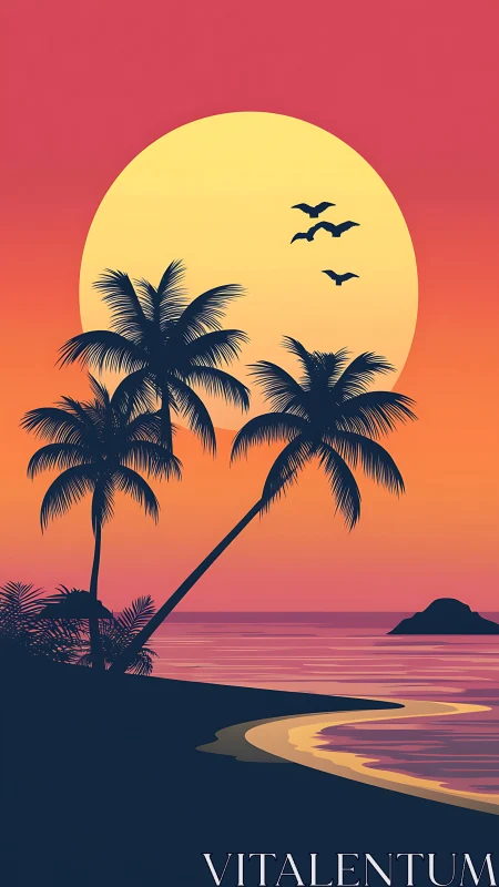 Tropical sunset beach silhouette with palms and birds.