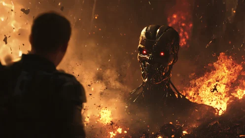 Thermal inferno confrontation with red-eyed combat android.